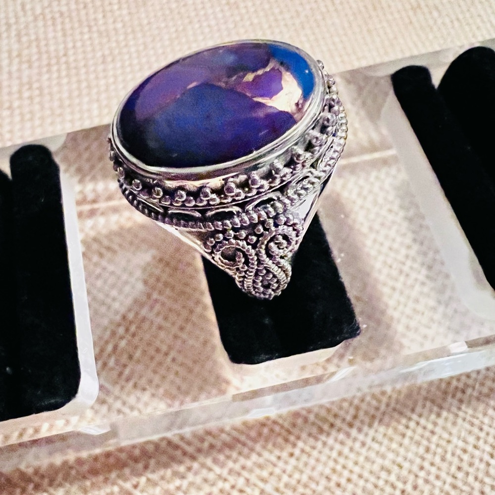 Purple Copper Turquoise & Sterling Silver Oval Filigree Ring Size 8